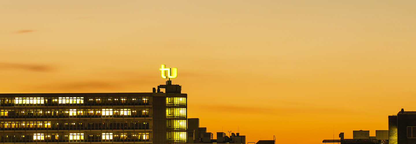 Skyline of TU Dortmund University with sunset in the background